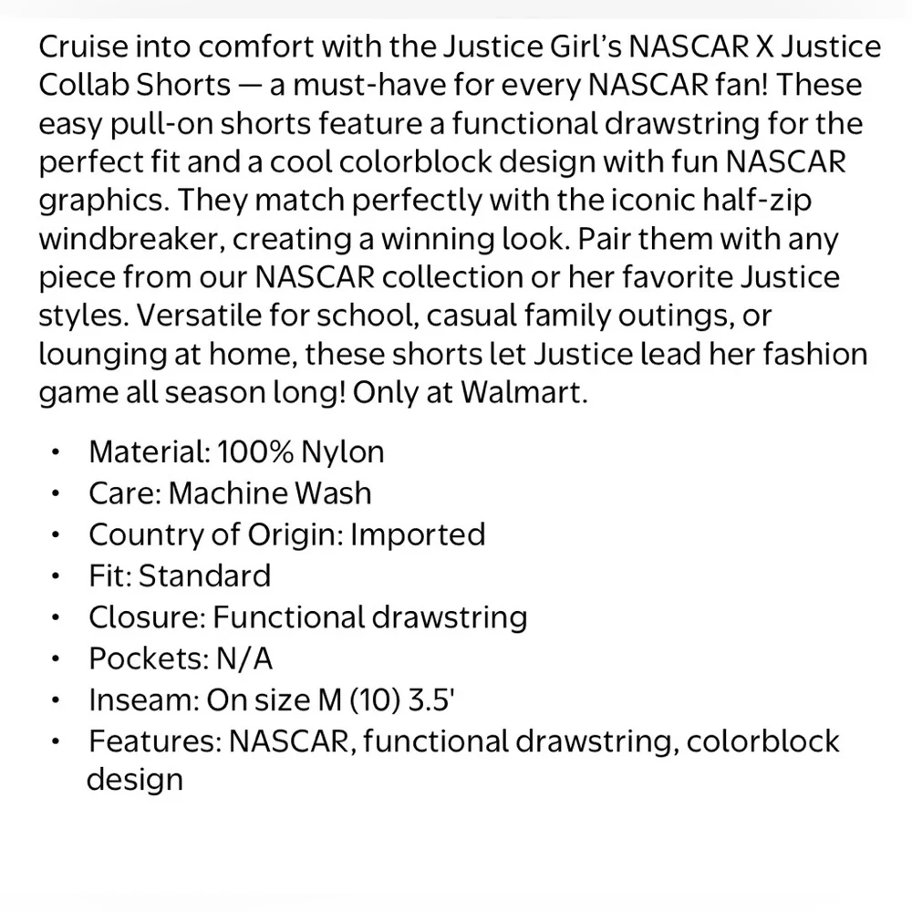 NWT Justice x NASCAR Windbreaker Shorts Girls Size M 10 Black Pink Colorblock